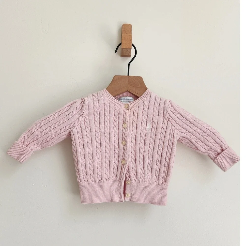 Ralph Lauren Baby Girl Cable Knit Cardigan Pastel Pink Sweater 9 Months Preppy
